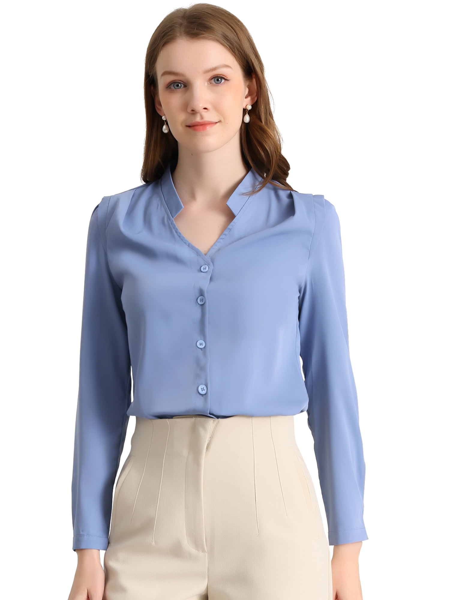 DARING DIVA Women's Elegant V Neck Long Sleeves Button Down Shirt M Blue