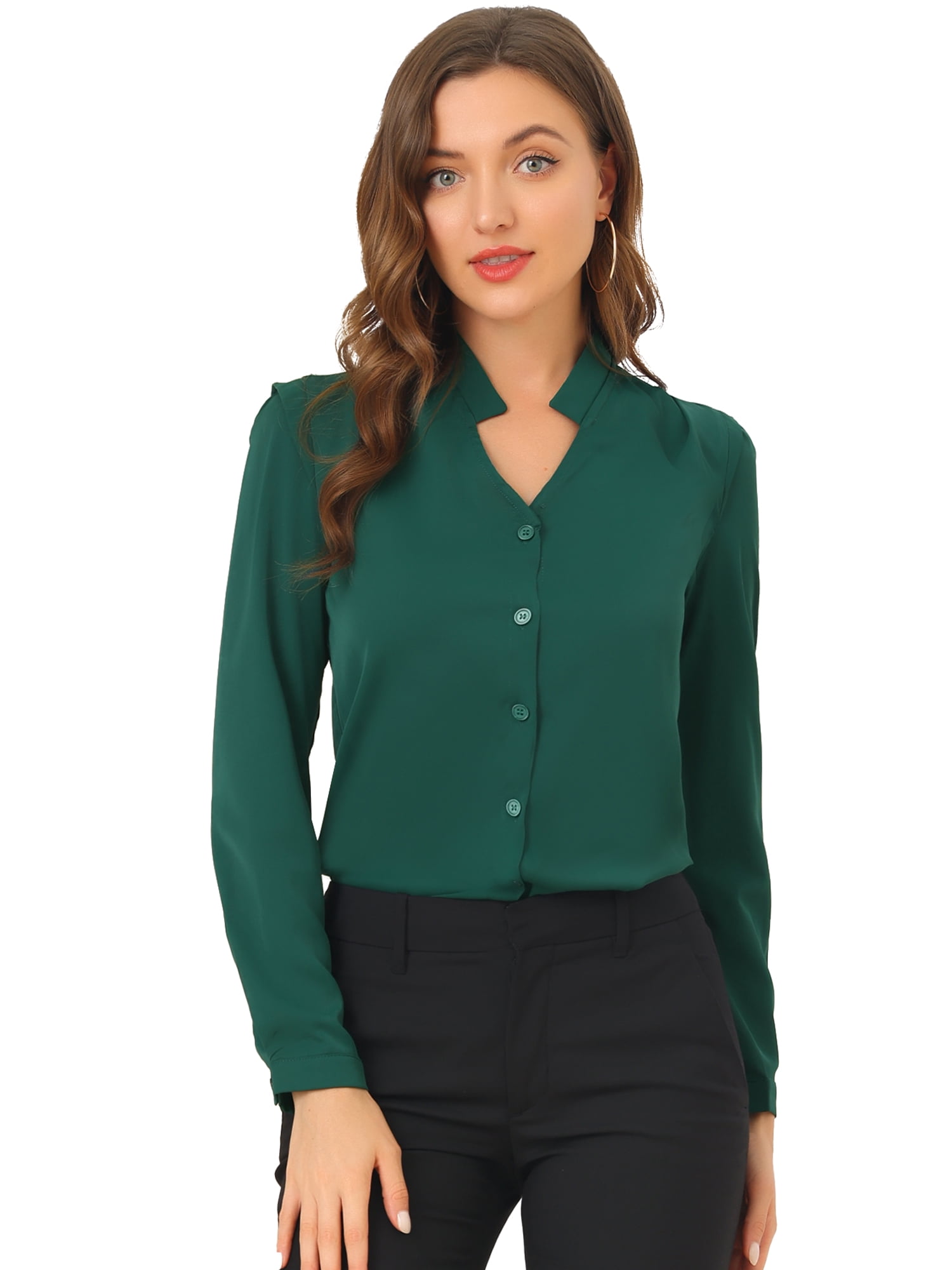 DARING DIVA Women's Elegant V Neck Long Sleeves Button Down Shirt M Green