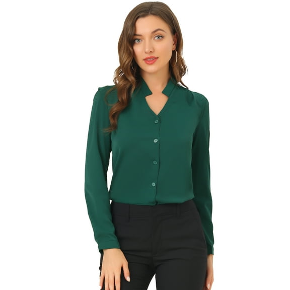 DARING DIVA Women's Elegant V Neck Long Sleeves Button Down Shirt S Green