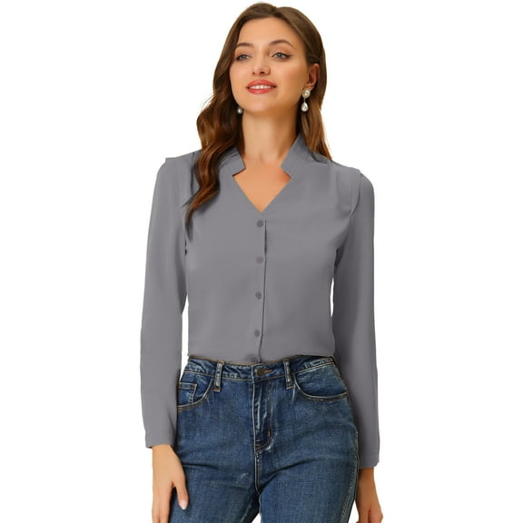 DARING DIVA Women's Elegant V Neck Long Sleeves Button Down Shirt S Grey