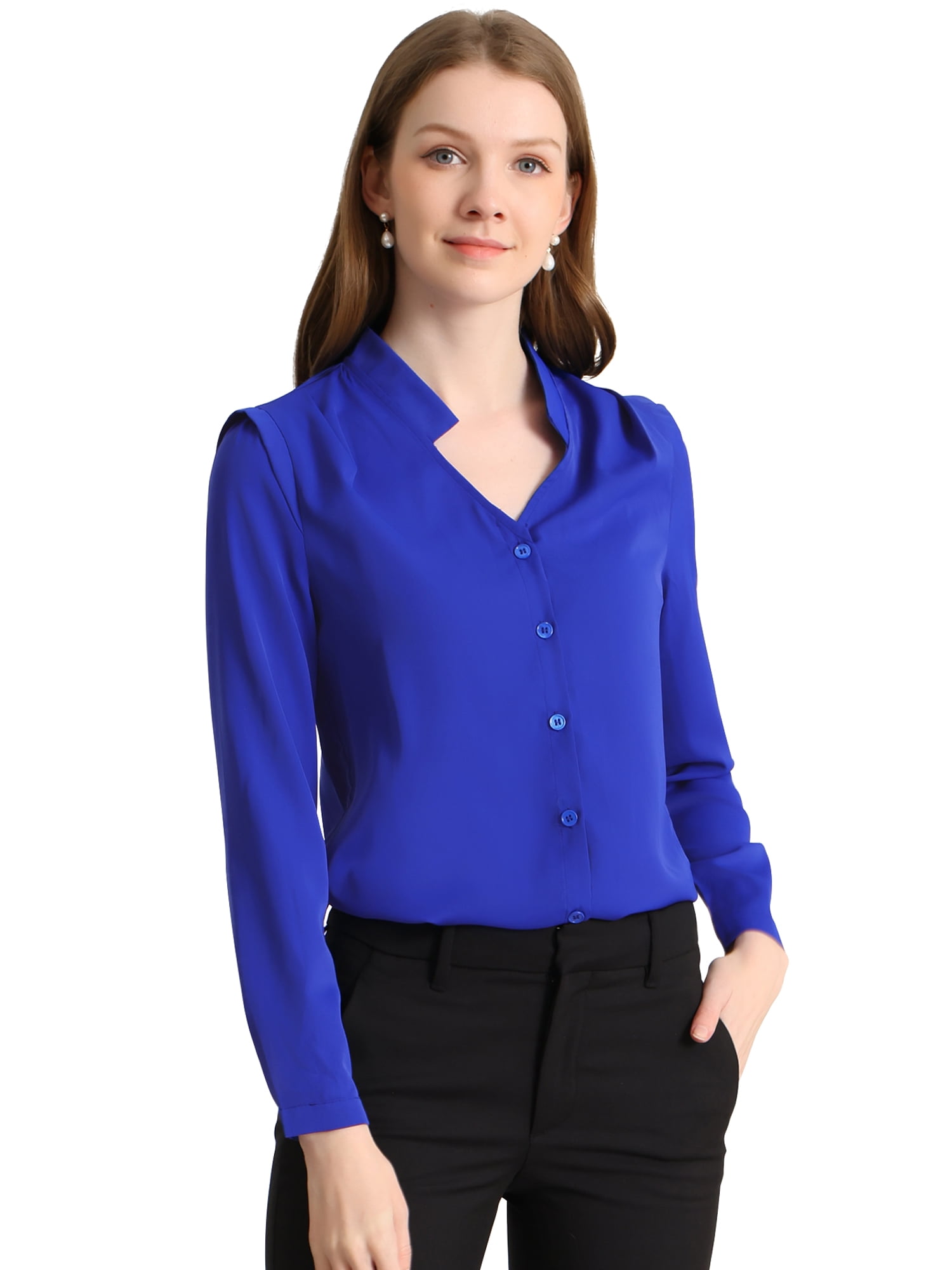 DARING DIVA Women's Elegant V Neck Long Sleeves Button Down Shirt S Royal Blue