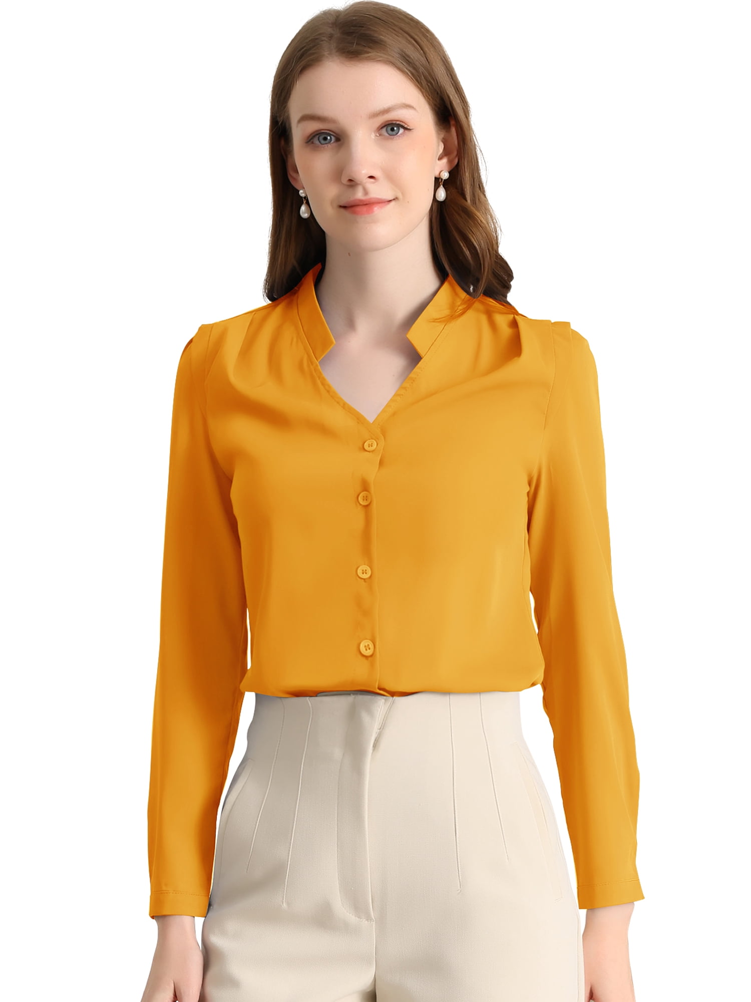DARING DIVA Women's Elegant V Neck Long Sleeves Button Down Shirt S Yellow