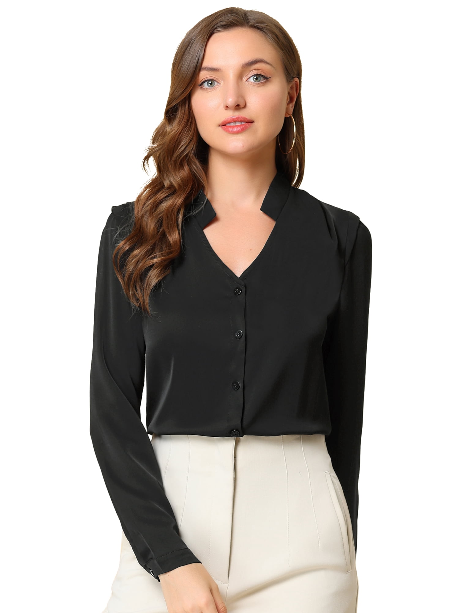 DARING DIVA Women's Elegant V Neck Long Sleeves Button Down Shirt XS Black