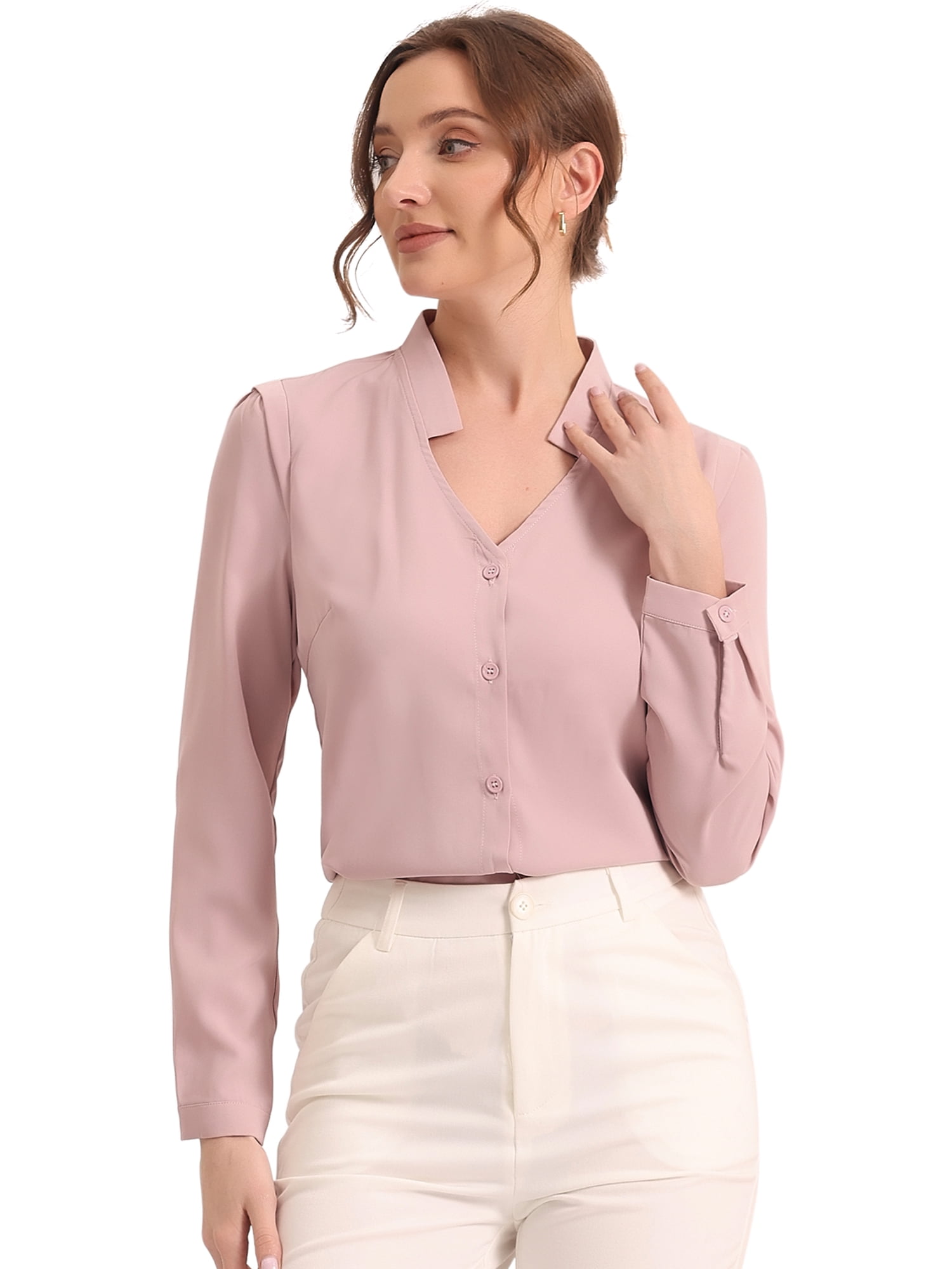 DARING DIVA Women's Elegant V Neck Long Sleeves Button Down Shirt XS Grey Pink