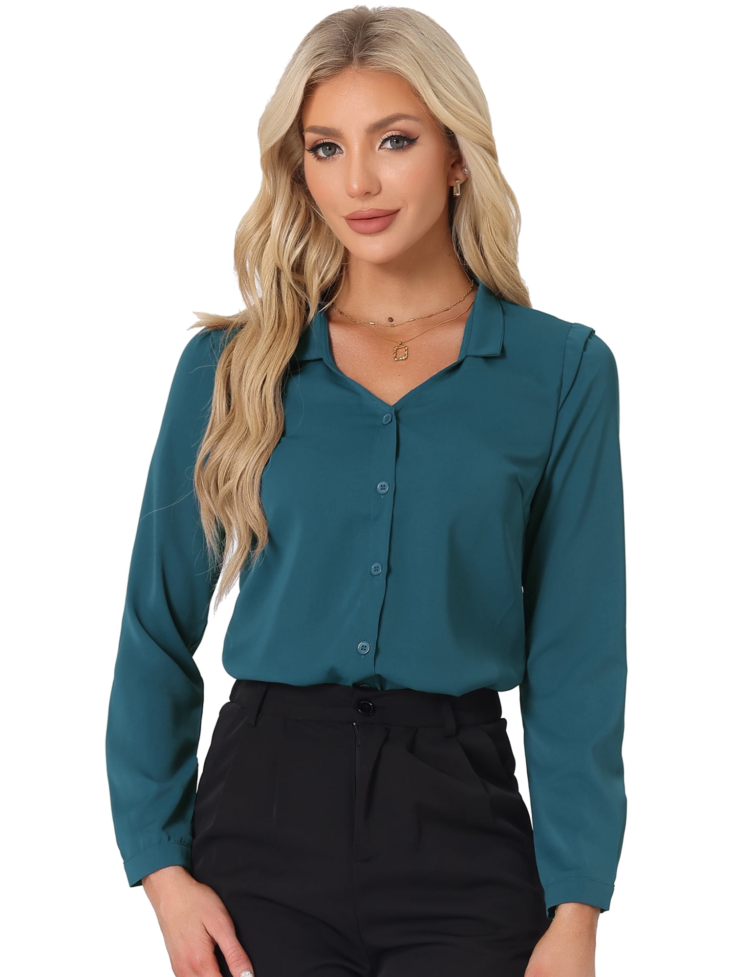 DARING DIVA Women's Elegant V Neck Long Sleeves Button Down Shirt XS Peacock Blue