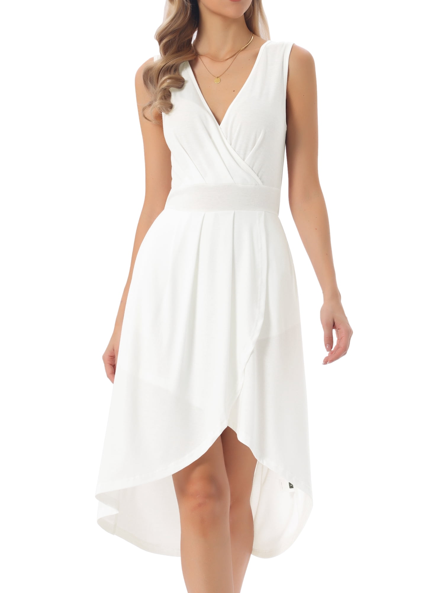 DARING DIVA Women's Elegant V Neck Sleeveless Midi Wrap Dresses S White