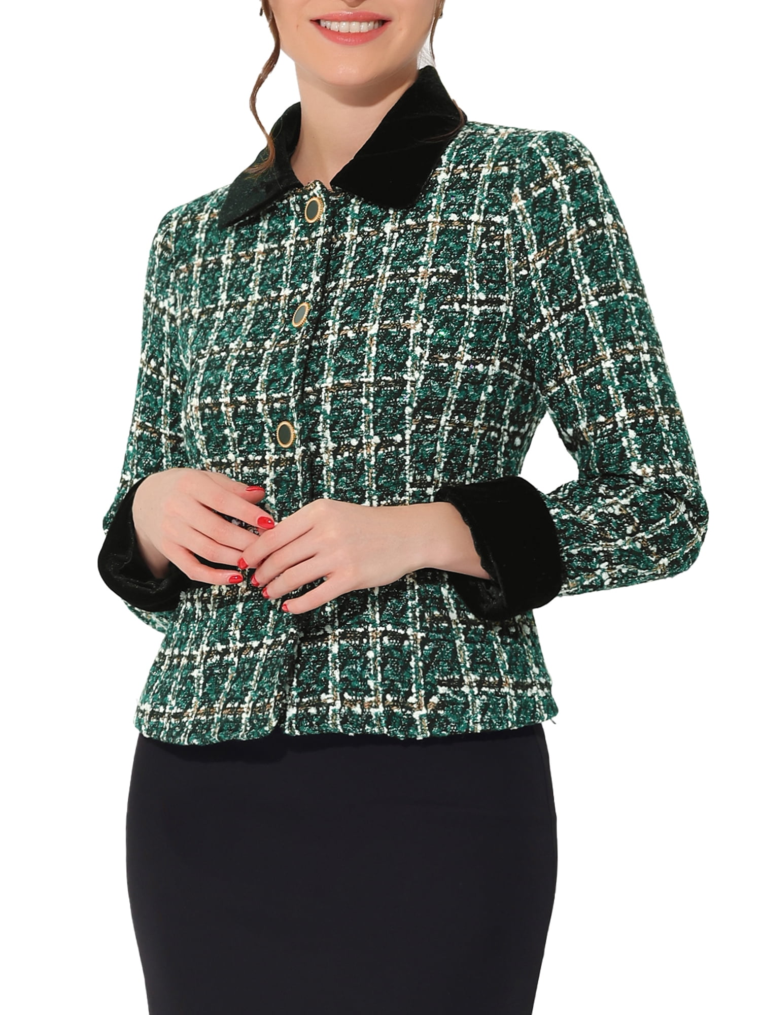 DARING DIVA Women's Elegant Velvet Collared Tweed Jacket Blazer L Green