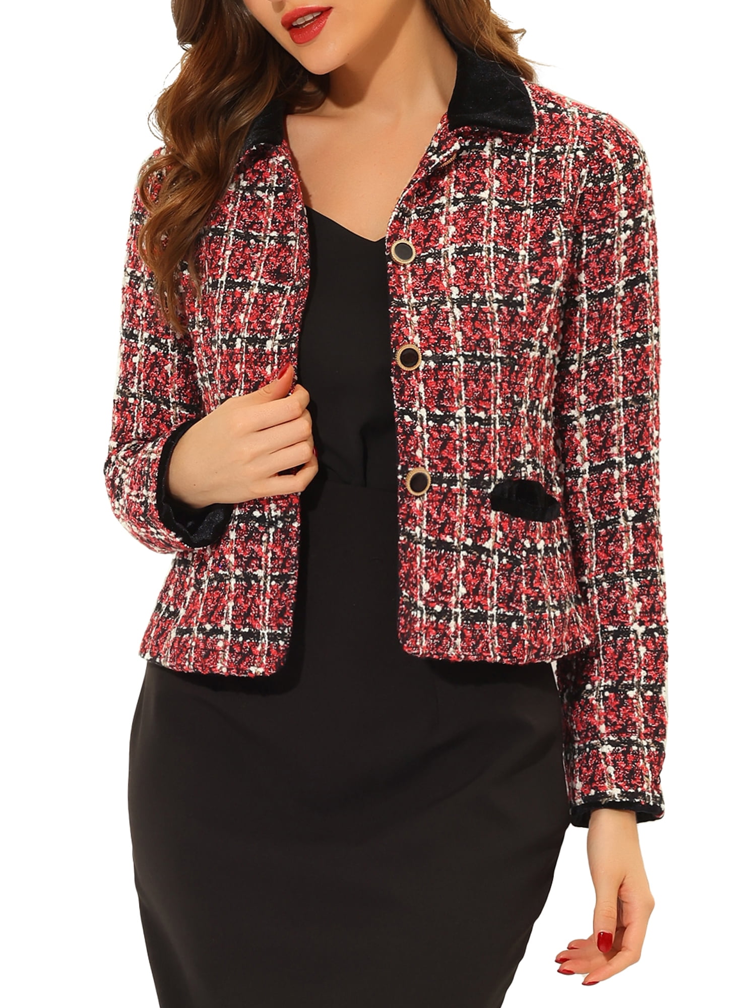 Women's Elegant Velvet Collared Tweed Jacket Blazer L Red