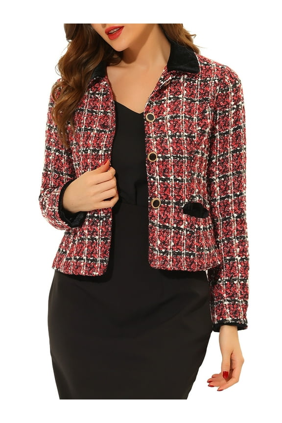 Women's Elegant Velvet Collared Tweed Jacket Blazer L Red