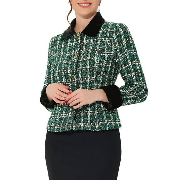 DARING DIVA Women's Elegant Velvet Collared Tweed Jacket Blazer M Green