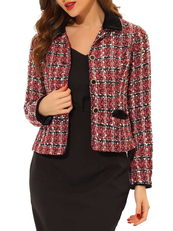 Women's Elegant Velvet Collared Tweed Jacket Blazer XL Red