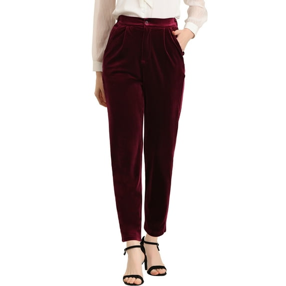 DARING DIVA Women's Elegant Velvet High Waist Trousers Work Pants L Red