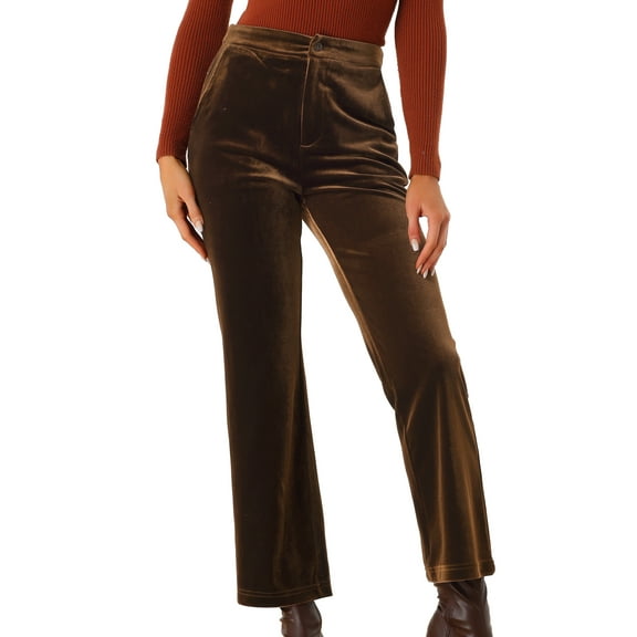 DARING DIVA Women's Elegant Velvet High Waist Trousers Work Pants M Brown