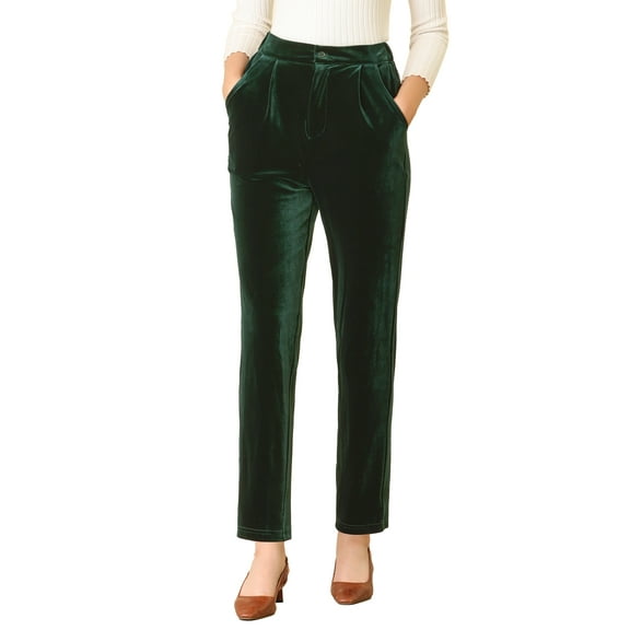DARING DIVA Women's Elegant Velvet High Waist Trousers Work Pants M Deep Green