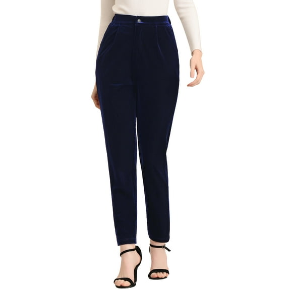 DARING DIVA Women's Elegant Velvet High Waist Trousers Work Pants S Blue