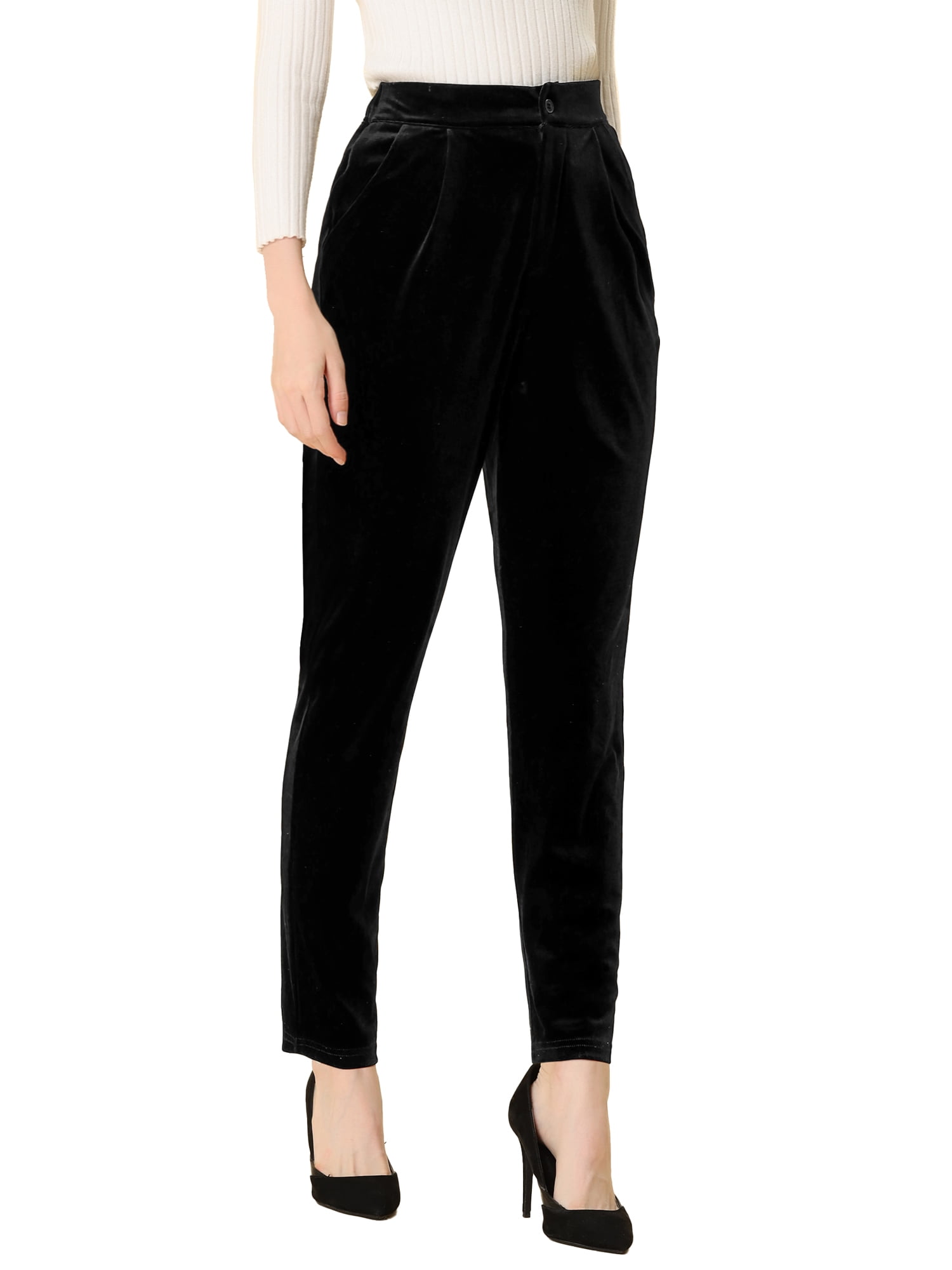 DARING DIVA Women's Elegant Velvet High Waist Trousers Work Pants XS Black