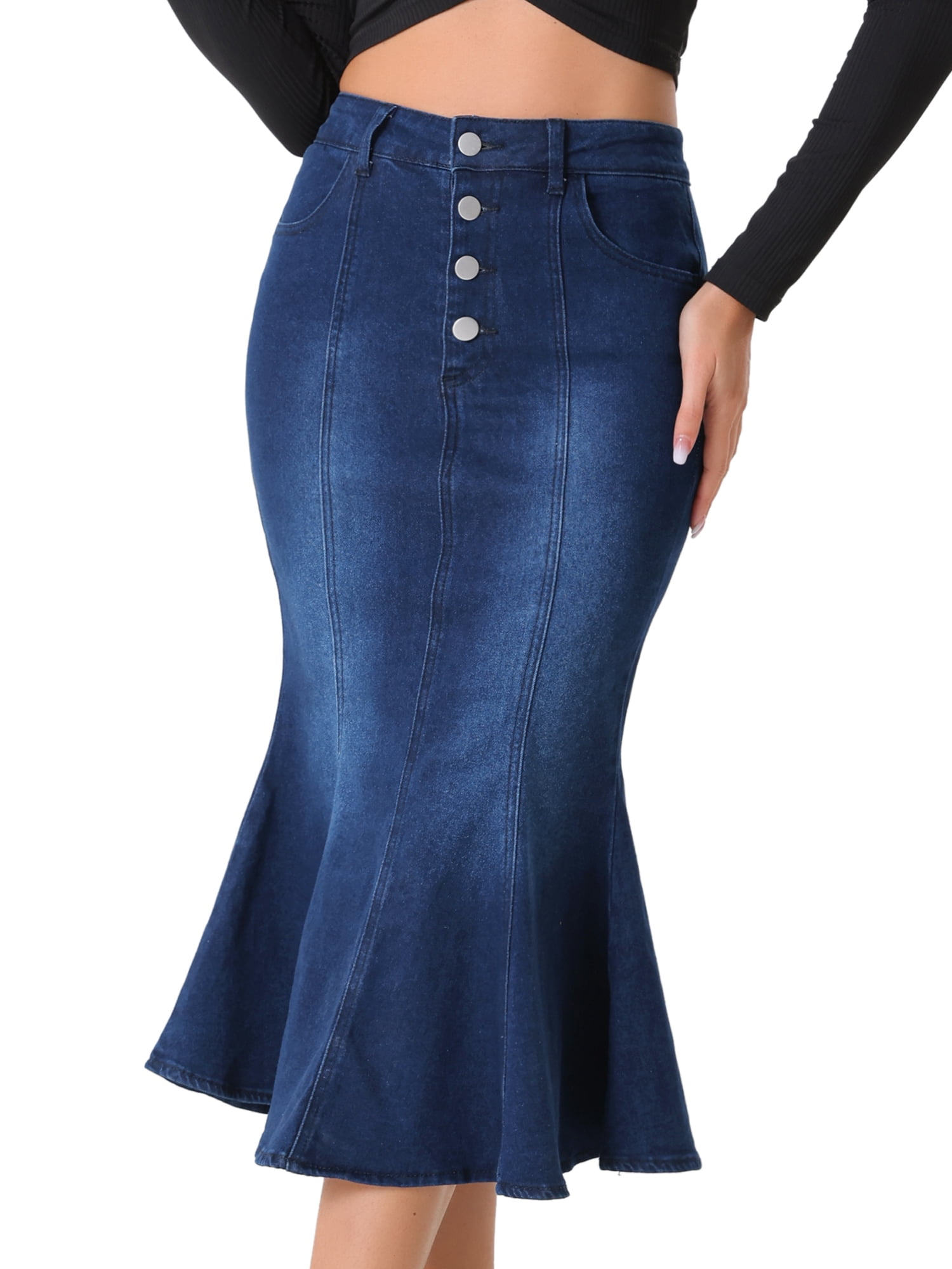 DARING DIVA Women's Soft Elegant Washed Fishtail Casual Midi Denim Skirt L Black Blue