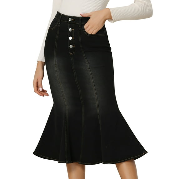 DARING DIVA Women's Elegant Washed Fishtail Midi Denim Skirt M Black