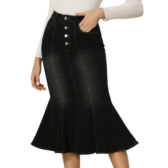 DARING DIVA Women's Elegant Washed Fishtail Midi Denim Skirt M Black