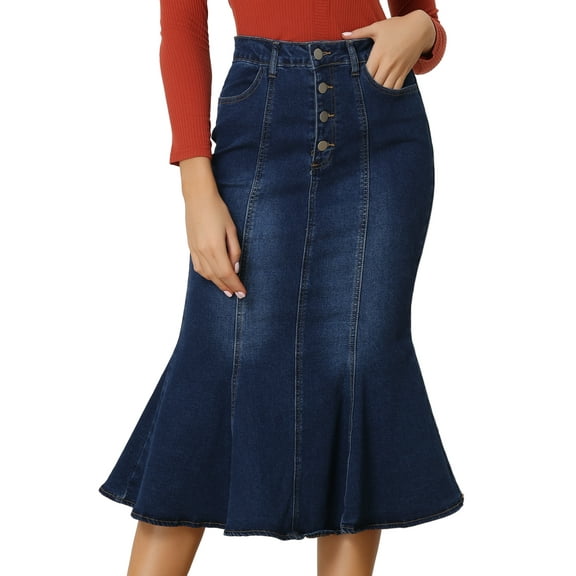DARING DIVA Women's Elegant Washed Fishtail Midi Denim Skirt M Dark Blue