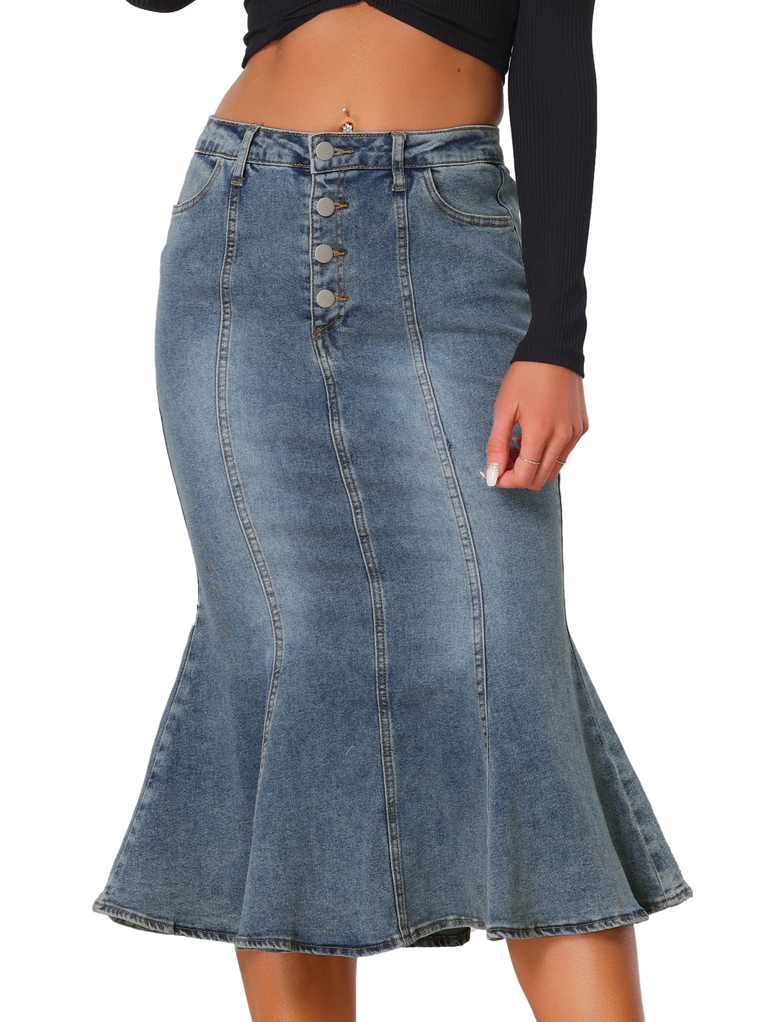 DARING DIVA Women's Soft Elegant Washed Fishtail Casual Midi Denim Skirt M Gray Blue