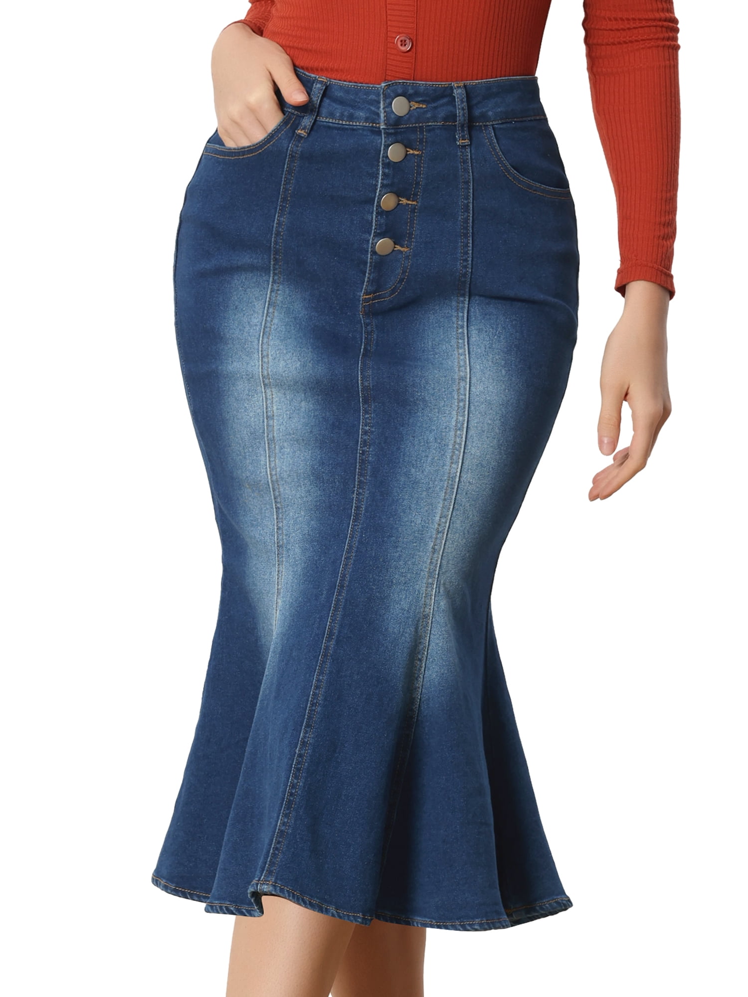 DARING DIVA Women's Soft Elegant Washed Fishtail Casual Midi Denim Skirt S Blue