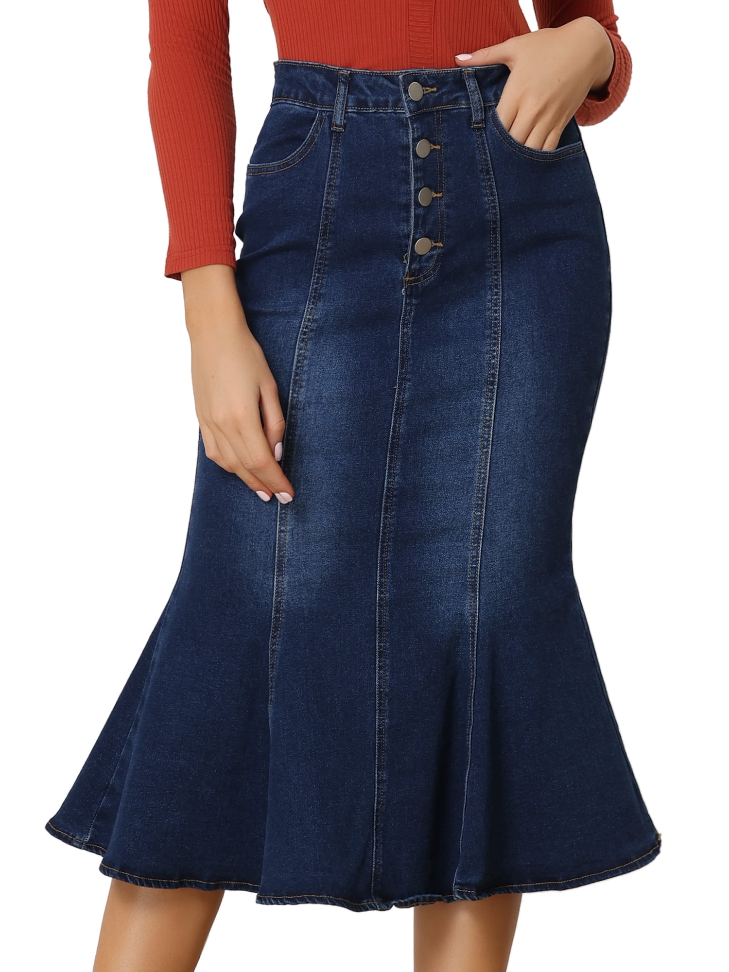 DARING DIVA Women's Soft Elegant Washed Fishtail Casual Midi Denim Skirt S Dark Blue