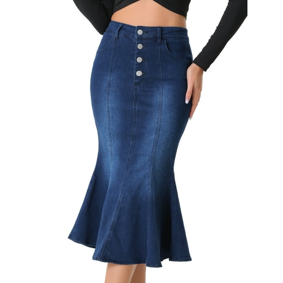 DARING DIVA Women's Elegant Washed Fishtail Midi Denim Skirt XL Black Blue
