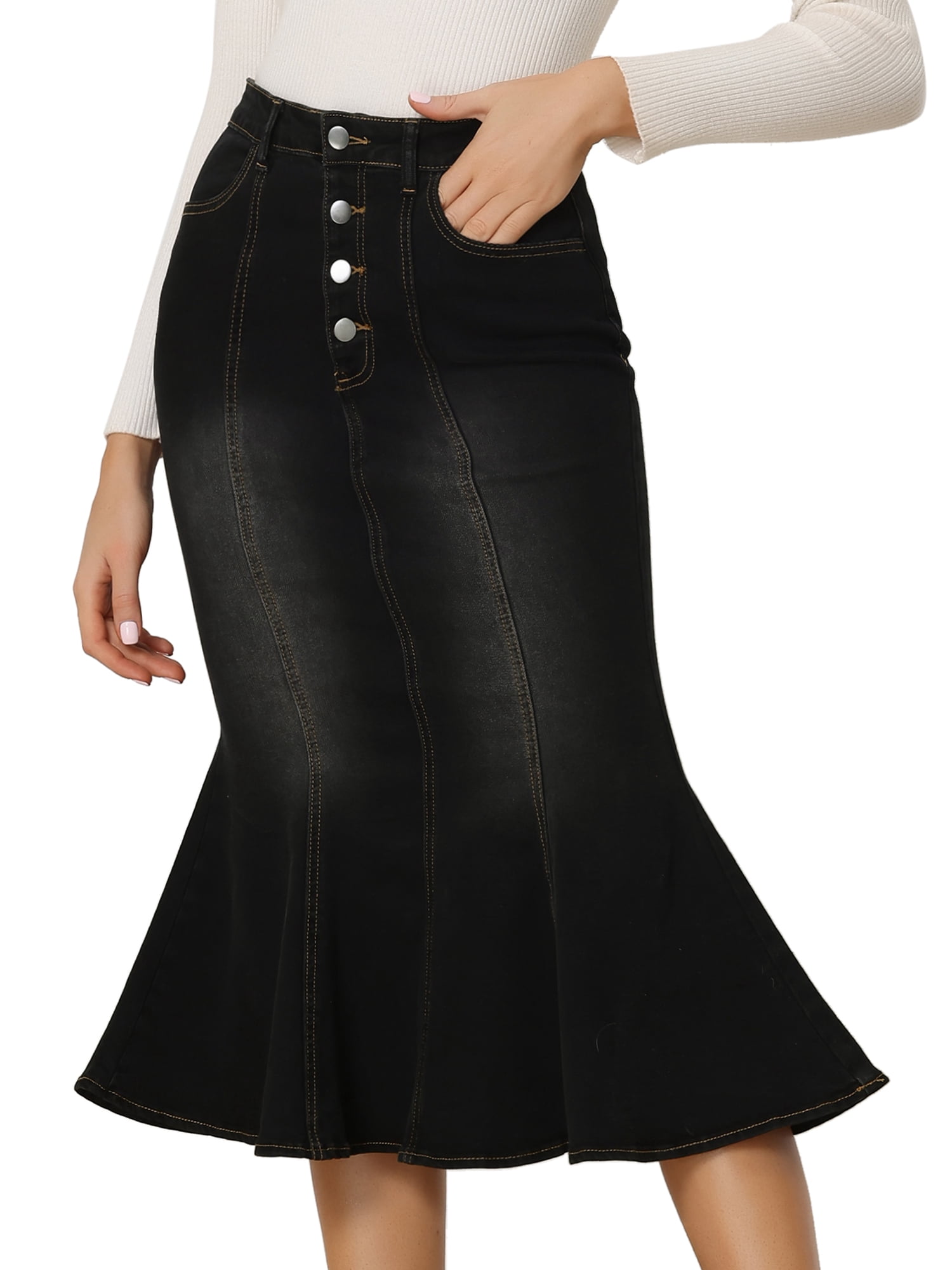 DARING DIVA Women's Soft Elegant Washed Fishtail Casual Midi Denim Skirt XL Black