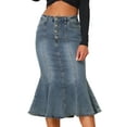 thumbnail image 1 of DARING DIVA Women's Elegant Washed Fishtail Midi Denim Skirt XS Gray Blue, 1 of 6