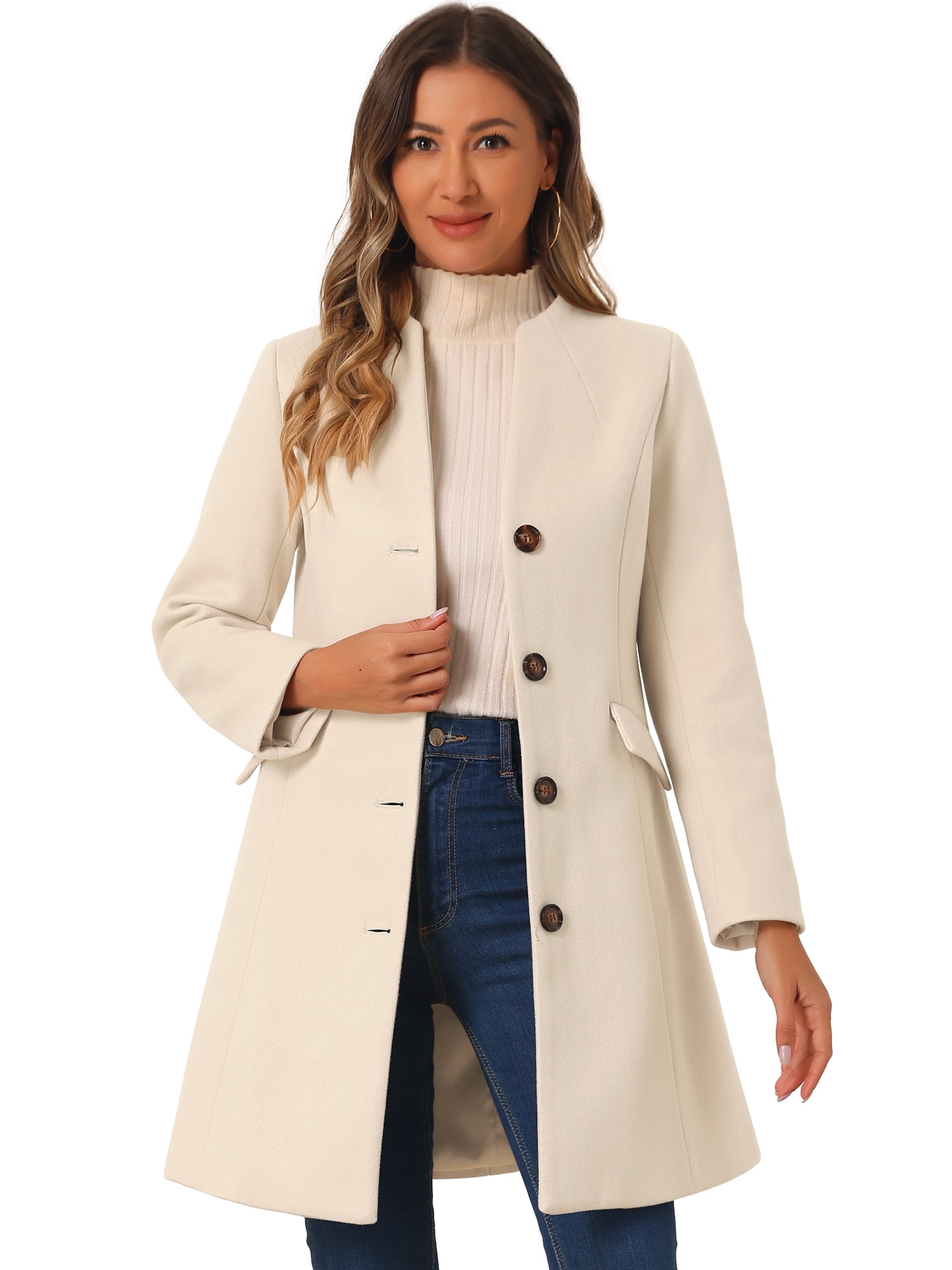DARING DIVA Women's Elegant Winter Overcoat V Neck Single Breasted Coats Beige XL