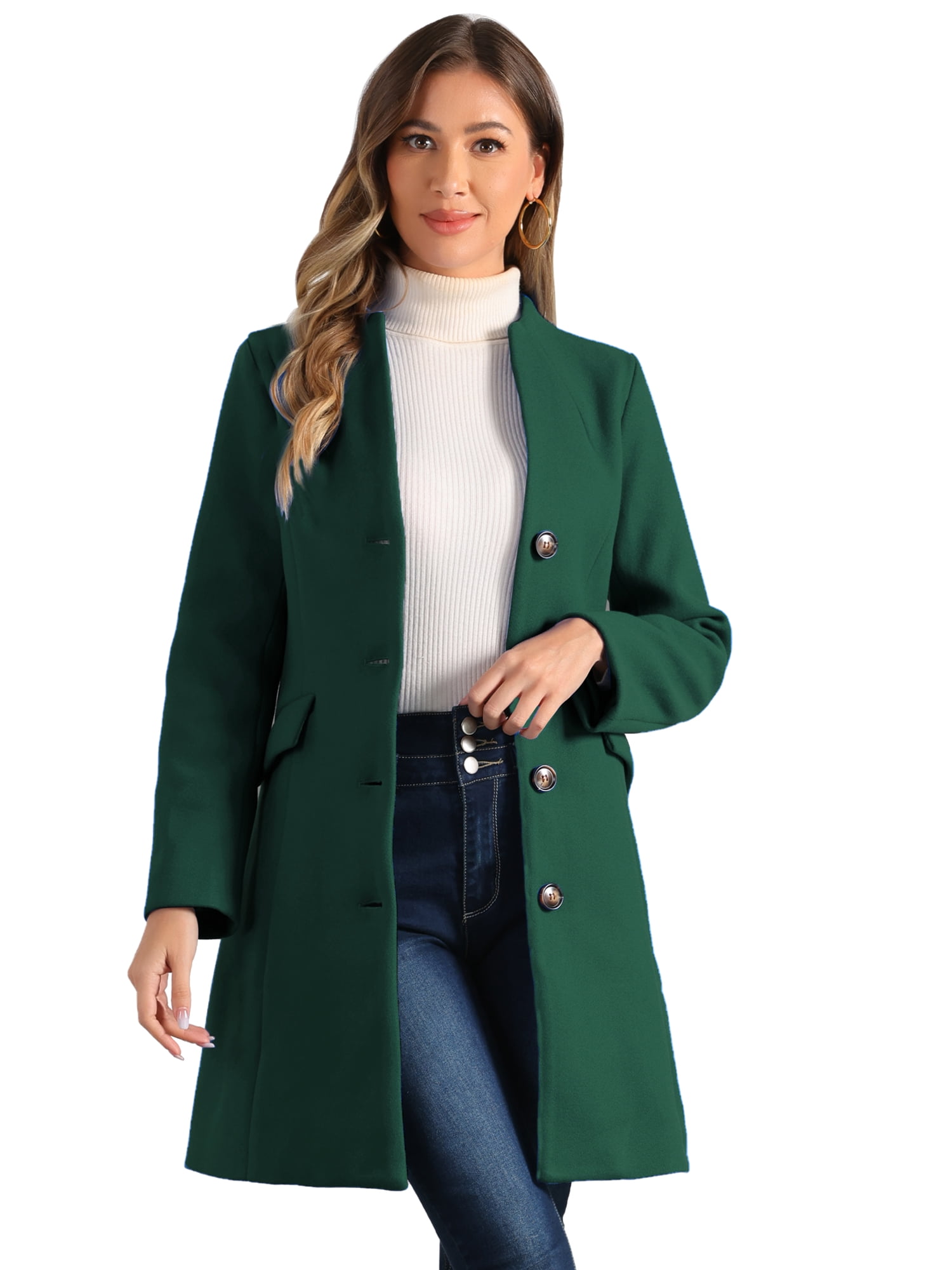 DARING DIVA Women's Elegant Winter Overcoat V Neck Single Breasted Coats Dark Green M