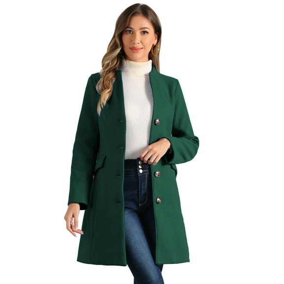 DARING DIVA Women's Elegant Winter Overcoat V Neck Single Breasted Coats Dark Green M