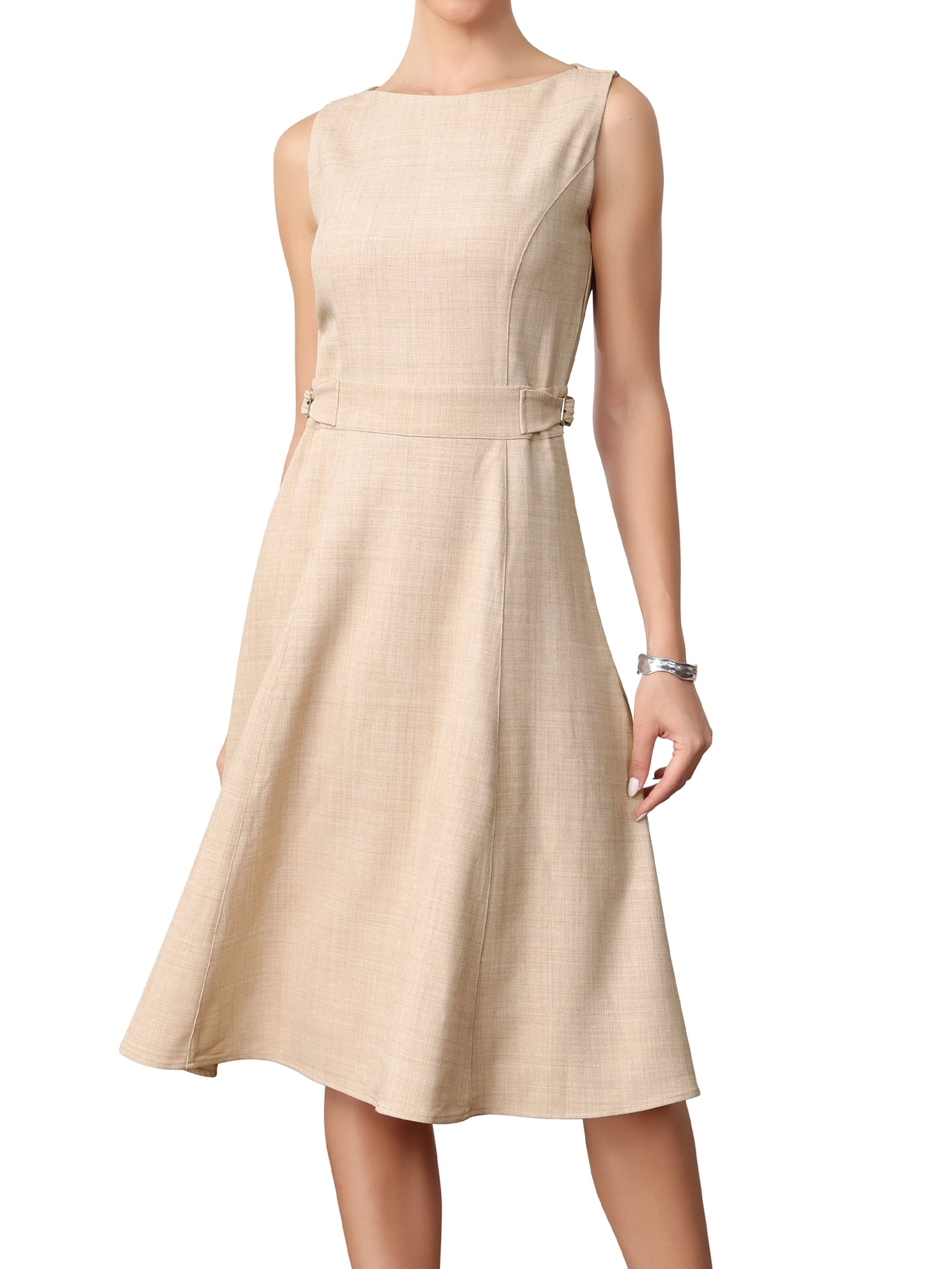 DARING DIVA Women's Elegant Work Dress Sleeveless Boat Neck A Line Midi Dresses M Beige