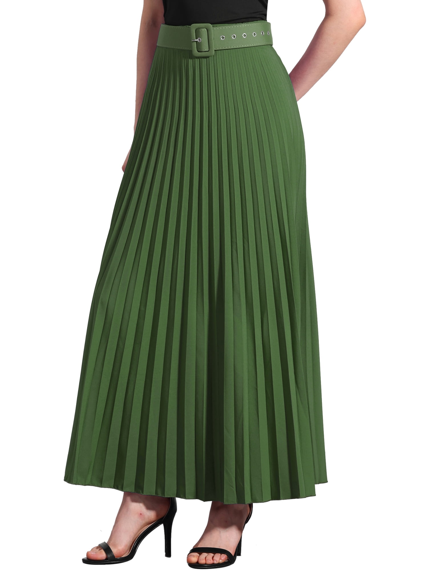 DARING DIVA Women's Elegnat Elastic High Waist Flowy A-Line Maxi Skirt L Olive Green