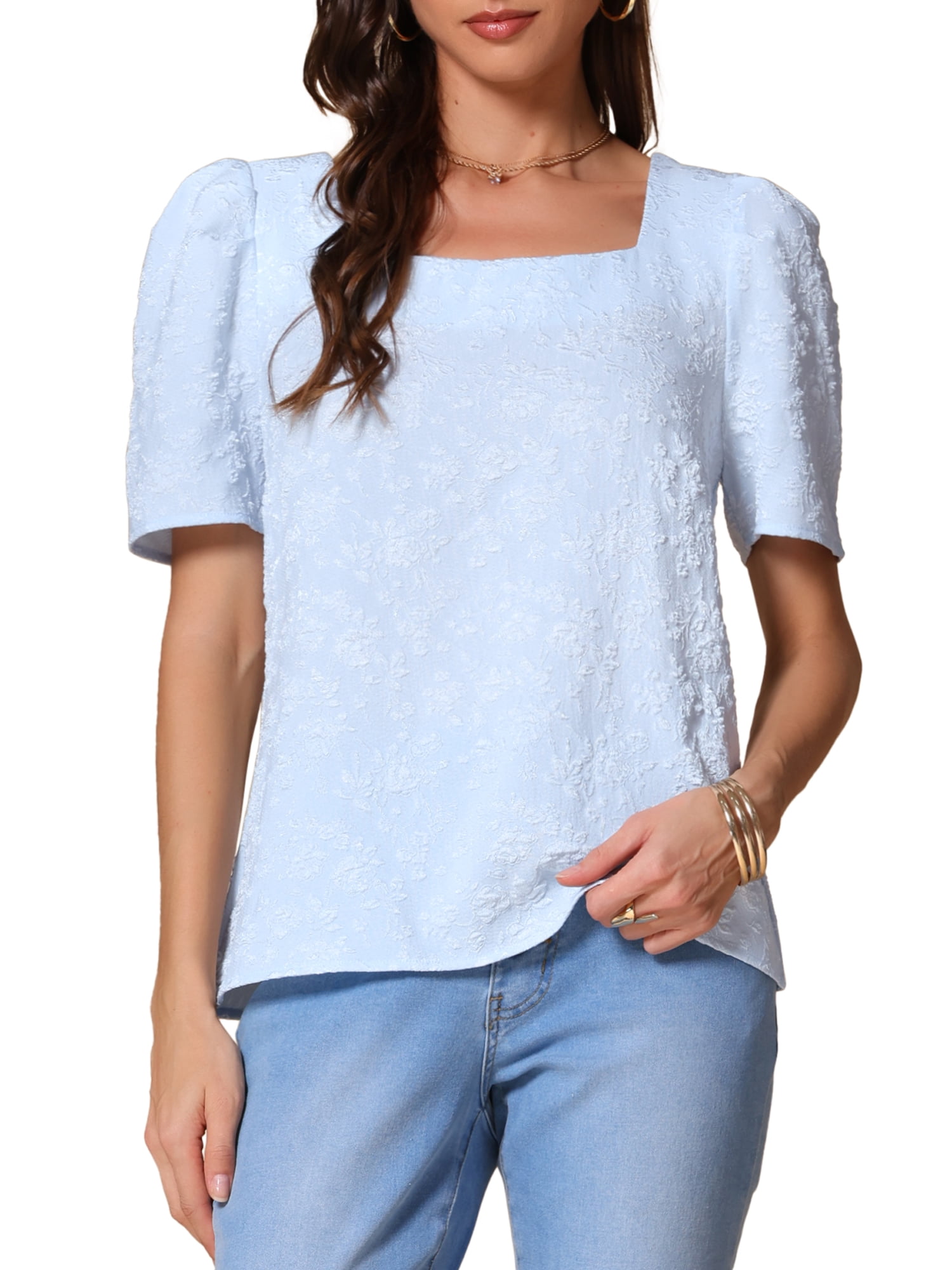 DARING DIVA Women's Embroidery Short Puff Sleeve Casual Blouse S Blue