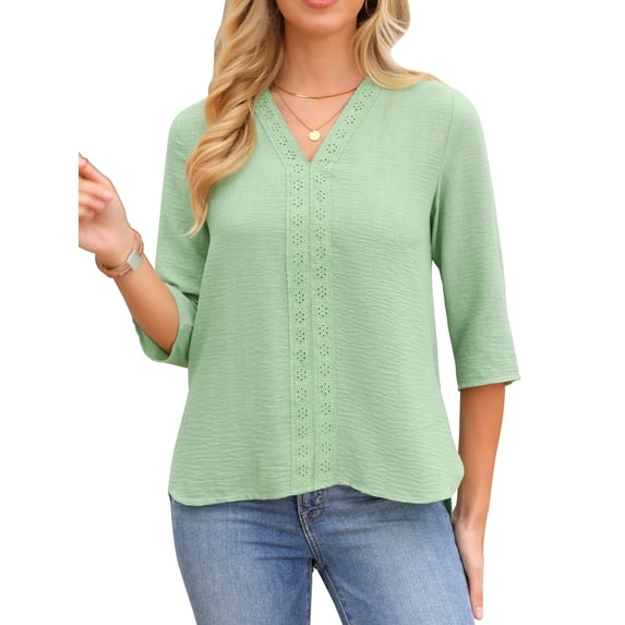 DARING DIVA Women's Embroidery V Neck 3/4 Sleeve Casual Tunic Side Split Blouse S Green
