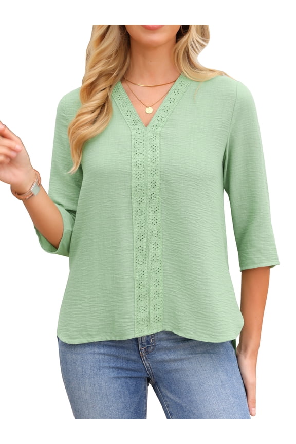 Women's Embroidery V Neck 3/4 Sleeve Casual Tunic Side Split Blouse XL Green
