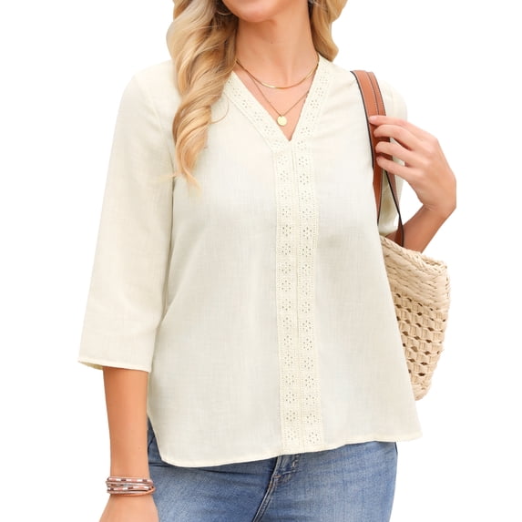 DARING DIVA Women's Embroidery V Neck 3/4 Sleeve Tunic Side Split Blouse M Apricot