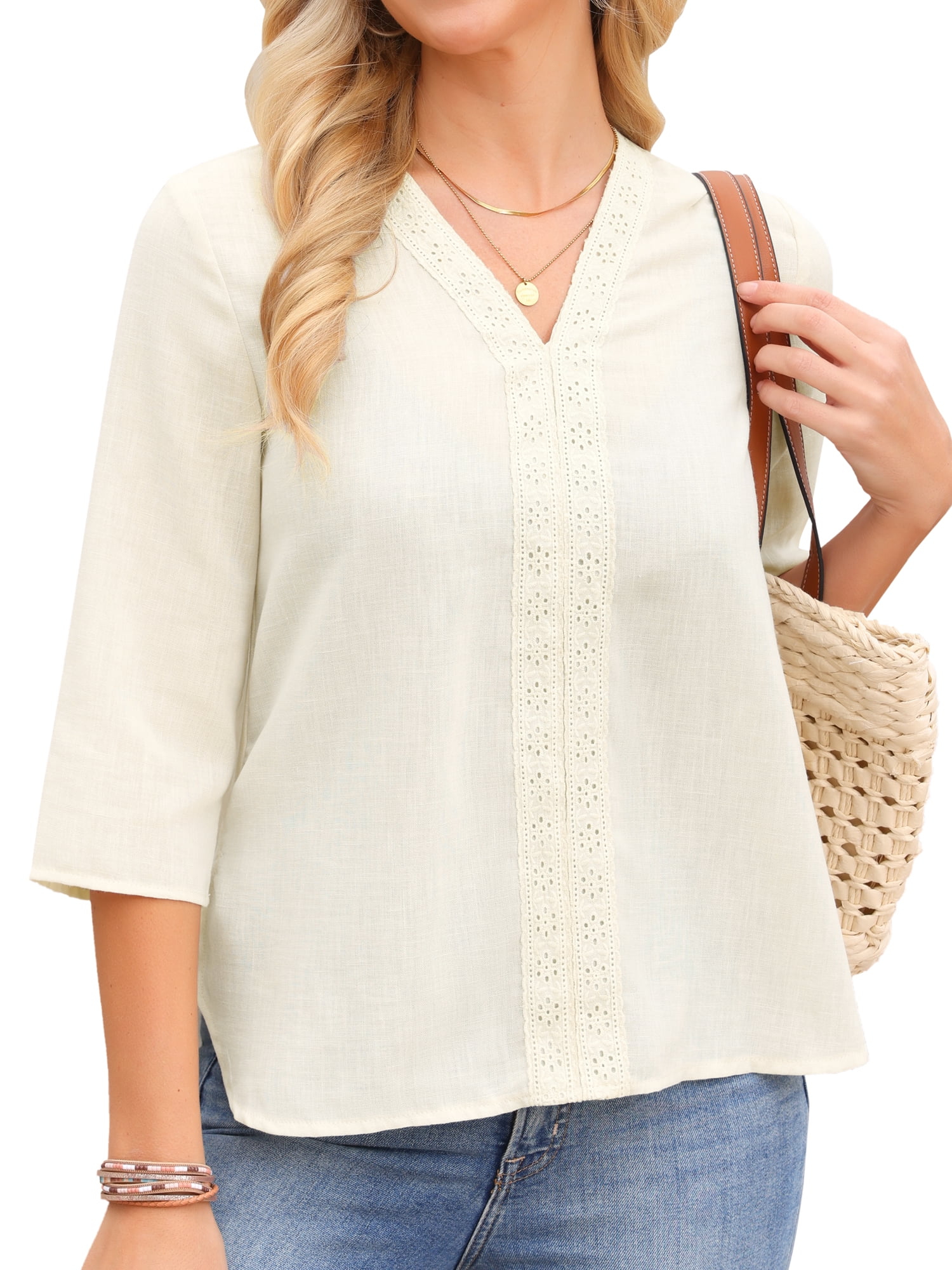 DARING DIVA Women's Embroidery V Neck 3/4 Sleeve Tunic Side Split Blouse S Apricot