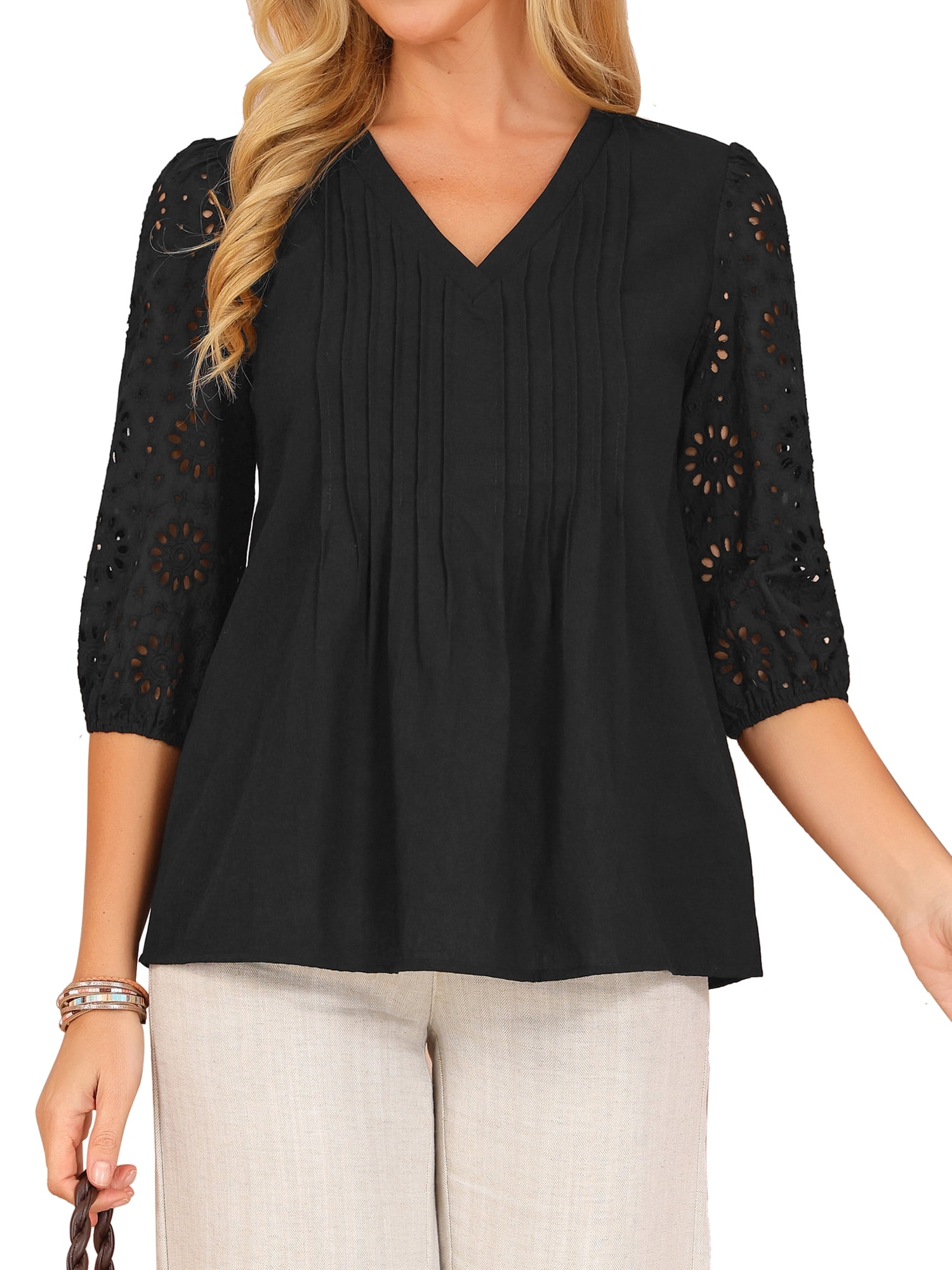 DARING DIVA Women's Eyelet 3/4 Sleeve V Neck Peplum Tops Casual Pleated Shirts L Black