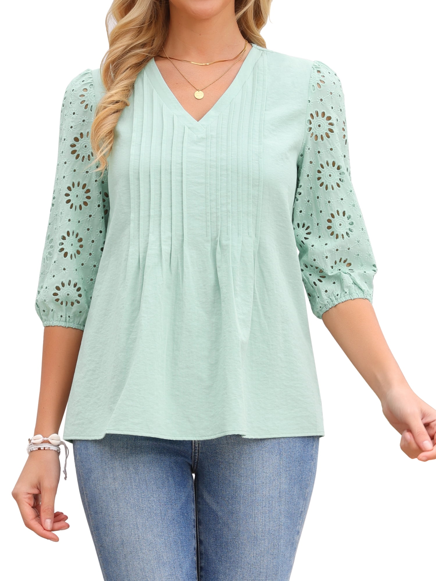 DARING DIVA Women's Eyelet 3/4 Sleeve V Neck Peplum Tops Pleated Shirts M Mint Green