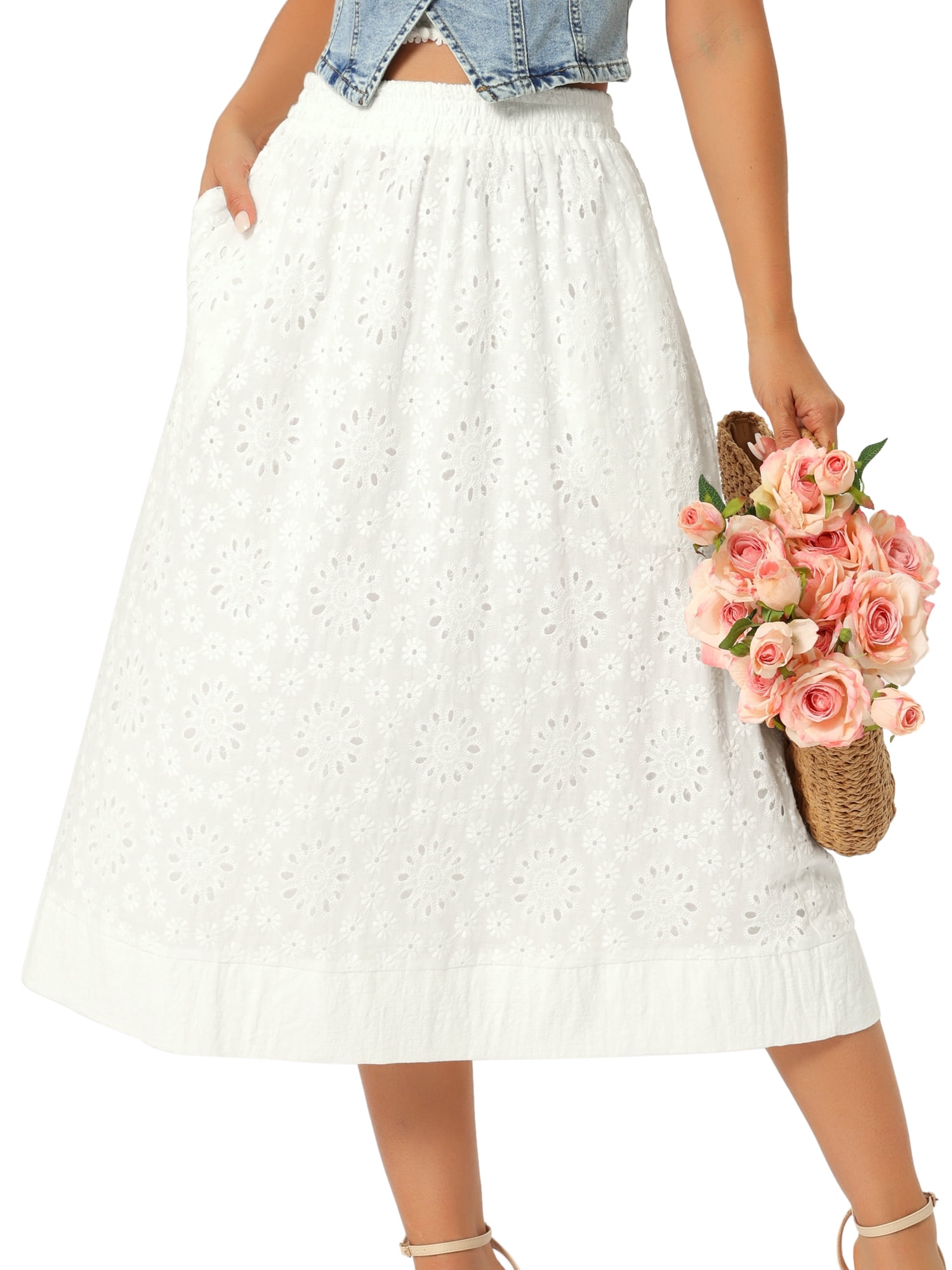 DARING DIVA Women's Eyelet Boho Skirt Elastic A-Line Midi Skirts Small White