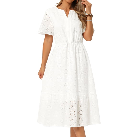 DARING DIVA Women's Eyelet Dress Notched Neck Short Sleeve A Line Midi Dress M White