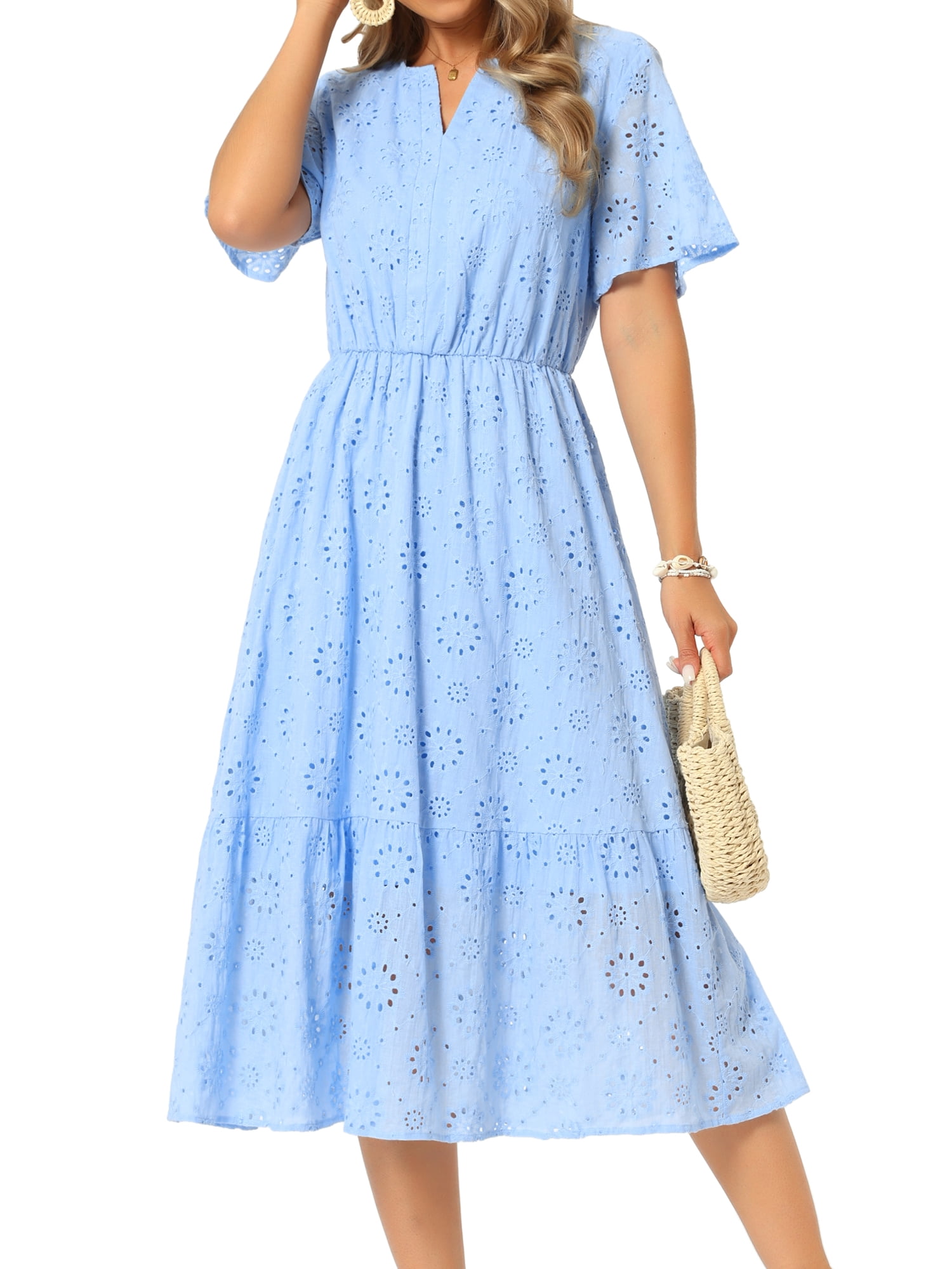 DARING DIVA Women's Eyelet Dress Notched Neck Short Sleeve A Line Midi Dress S Sky Blue