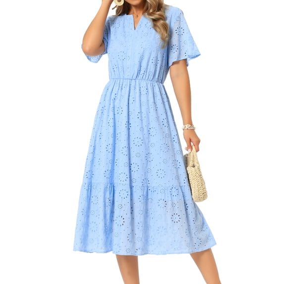 DARING DIVA Women's Eyelet Dress Notched Neck Short Sleeve A Line Midi Dress S Sky Blue
