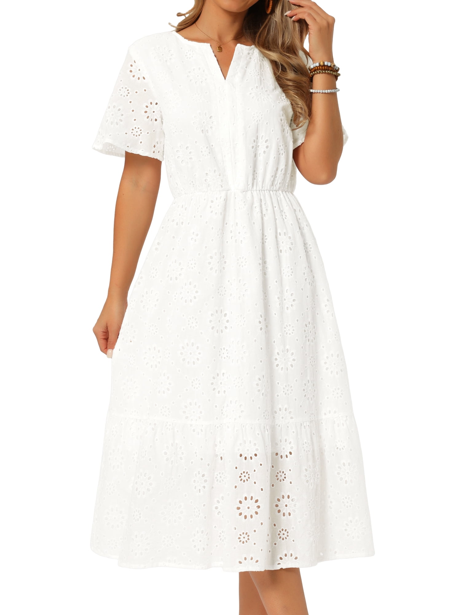 DARING DIVA Women's Eyelet Dress Notched Neck Short Sleeve A Line Midi Dress S White