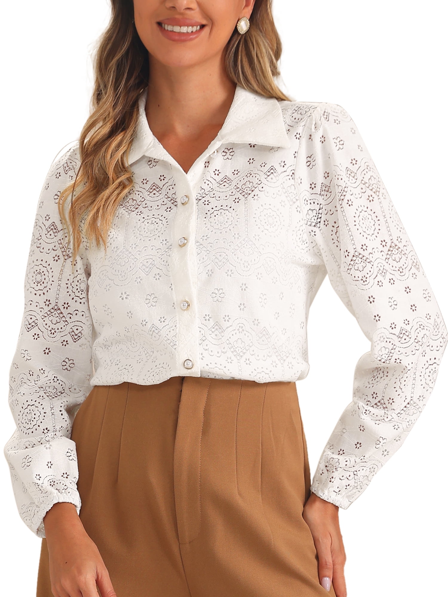 DARING DIVA Women's Eyelet Hallow Out Lace Sheer Button Down Shirt XS White