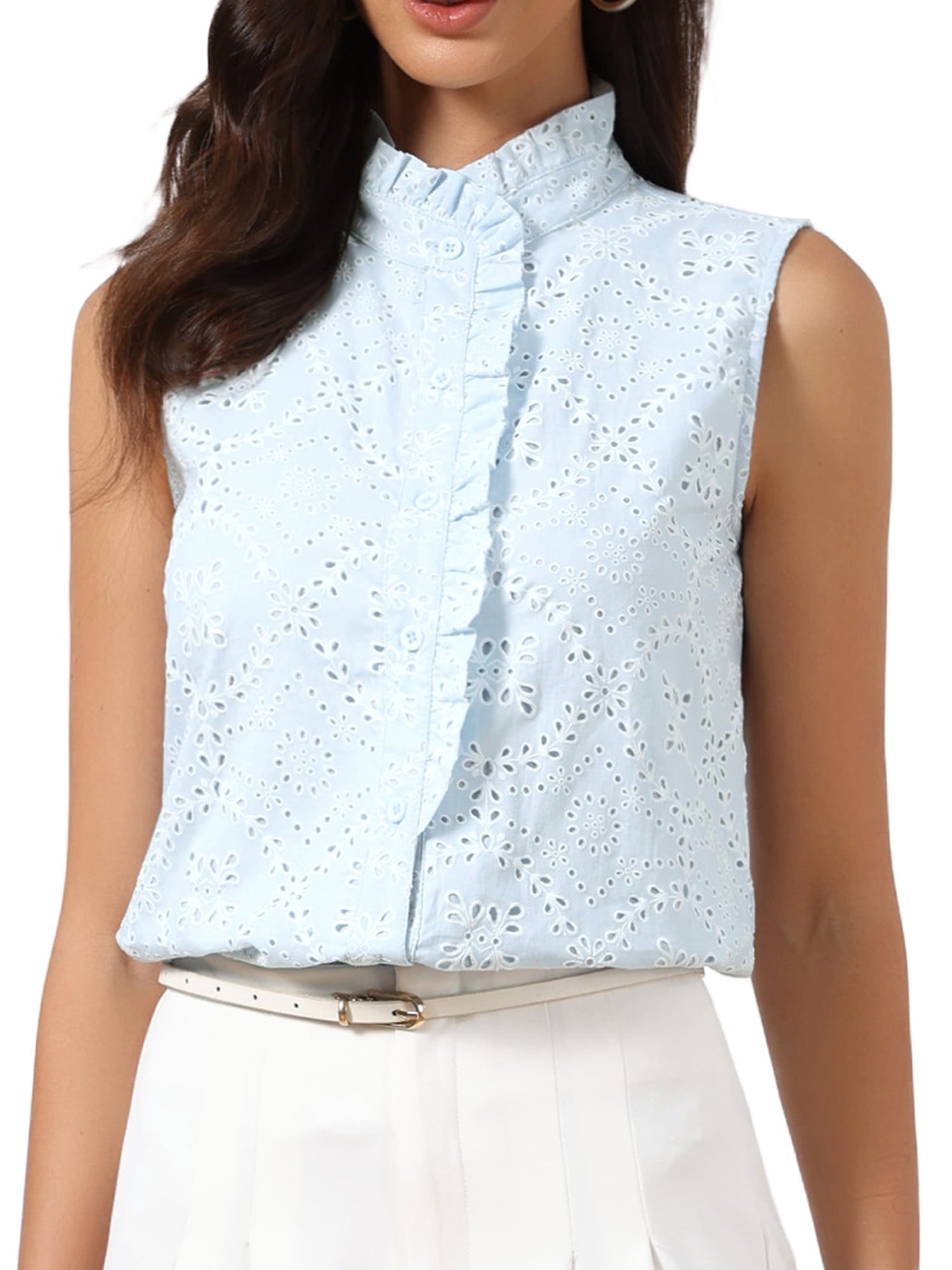 DARING DIVA Women's Eyelet Hollow Out Crochet Floral Embroidered Tank Top M Light Blue