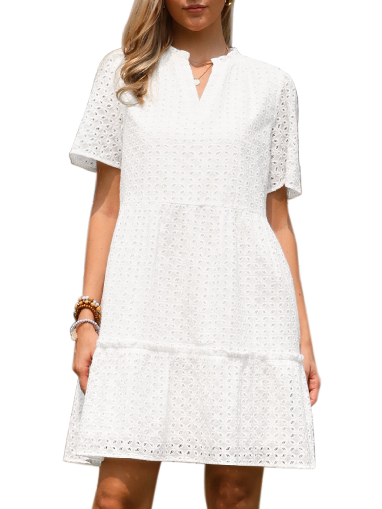 DARING DIVA Women's Eyelet Short Sleeve V Neck Hollow Out Mini Dresses L White